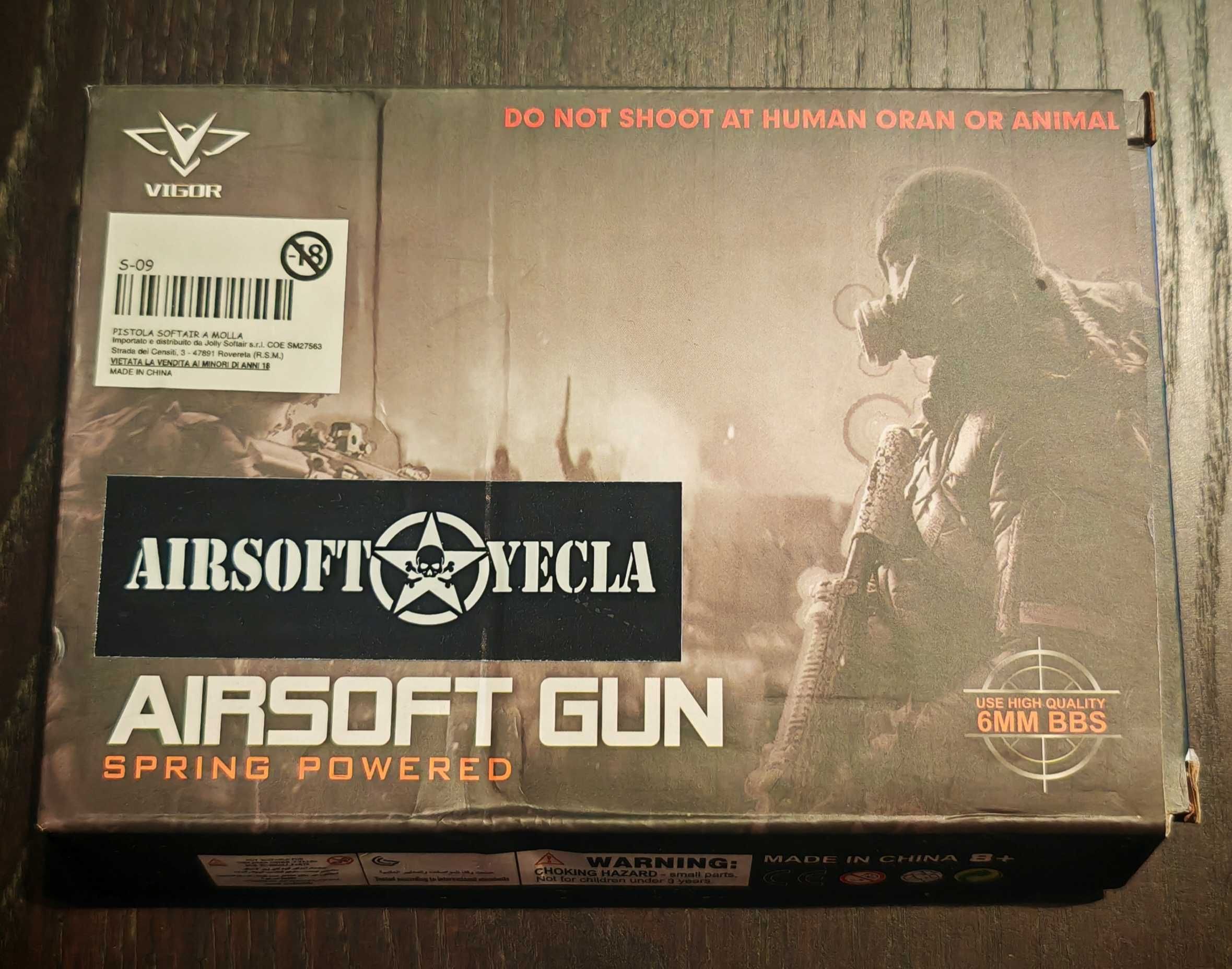 Pistola airsoft Vigor S-09 de mola preta em plástico nova na caixa