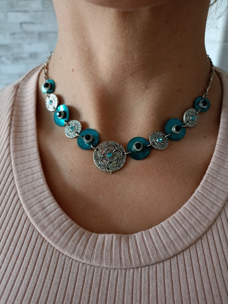 Naszyjnik choker hoker okrągłe turkusowe oczka