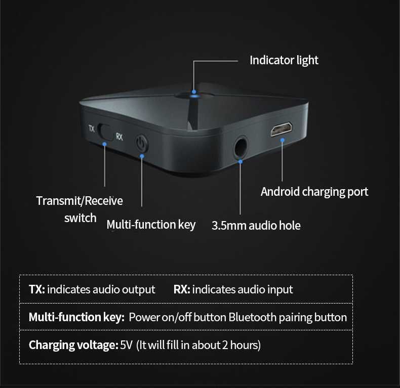 Receptor transmissor de áudio sem fio bluetooth