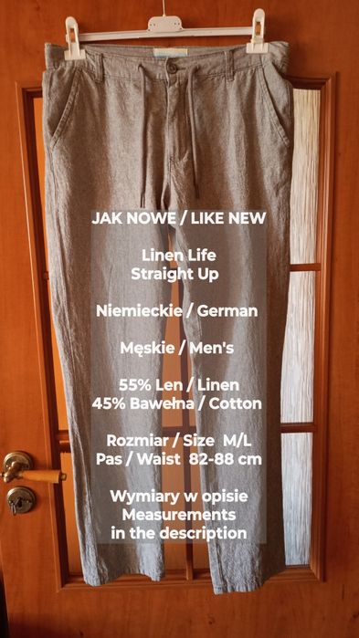 Linen Life  Niemieckie męskie spodnie lniano-bawełniane, 55% Len, M/L