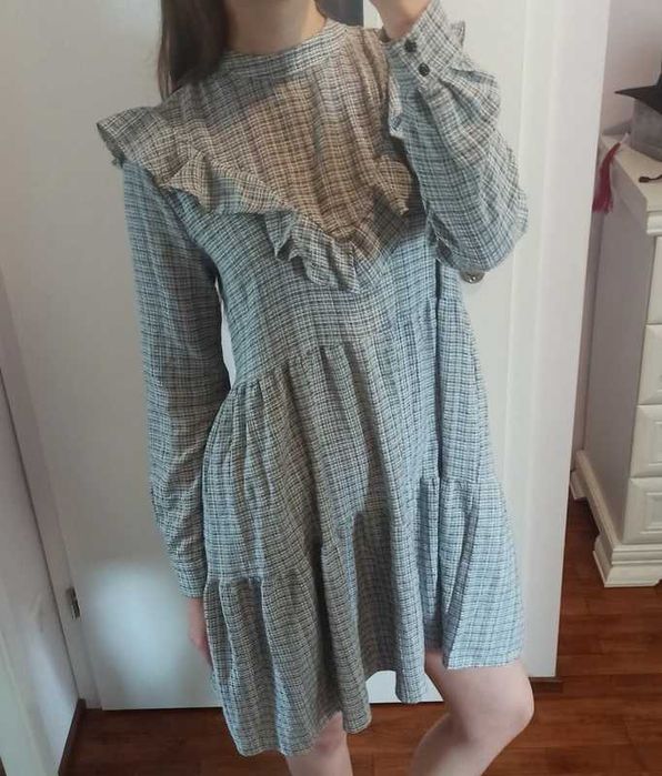 Sukienka w kratkę, z falbankami, cottagecore, fairycore, cute