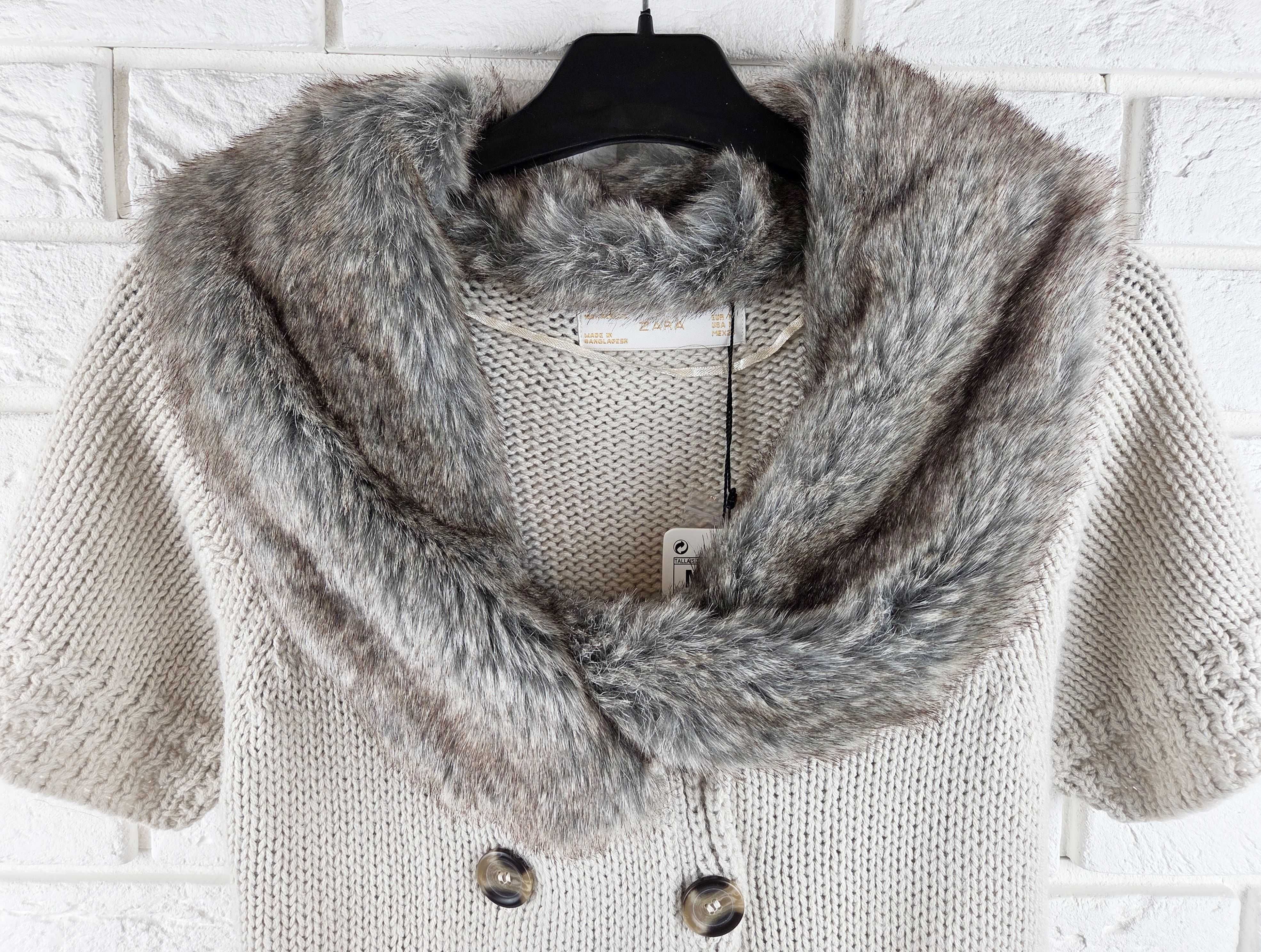 Sweter z krótkim rękawem kamizelka z futrzanym kołnierzem ZARA NOWA M