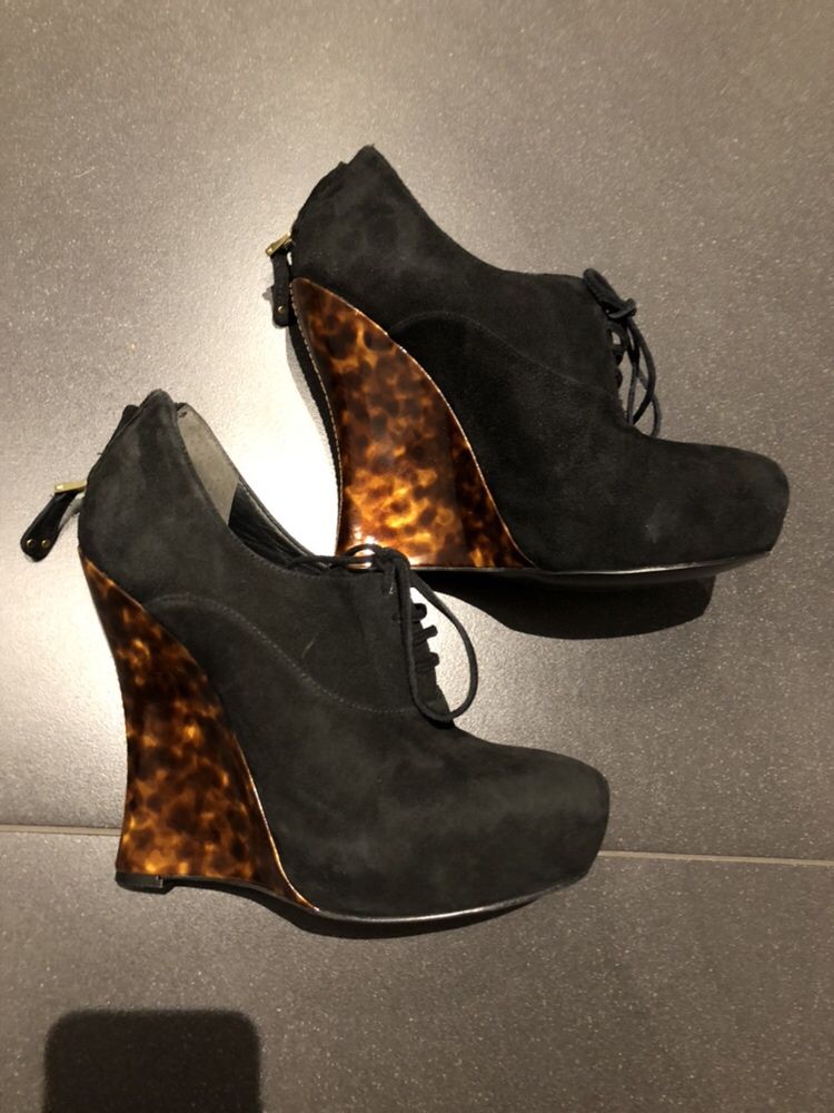 Buty guess koturny botki półbuty sexi skóra 38 brąz i czerń zamsz