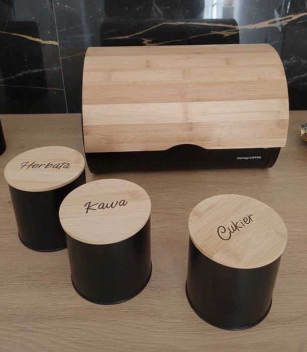 Nowy Chlebak + 3x Pojemniki Czarny Komplet Kuchenny Loft