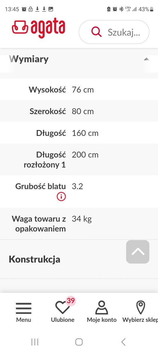stół rozkładany 160 cm