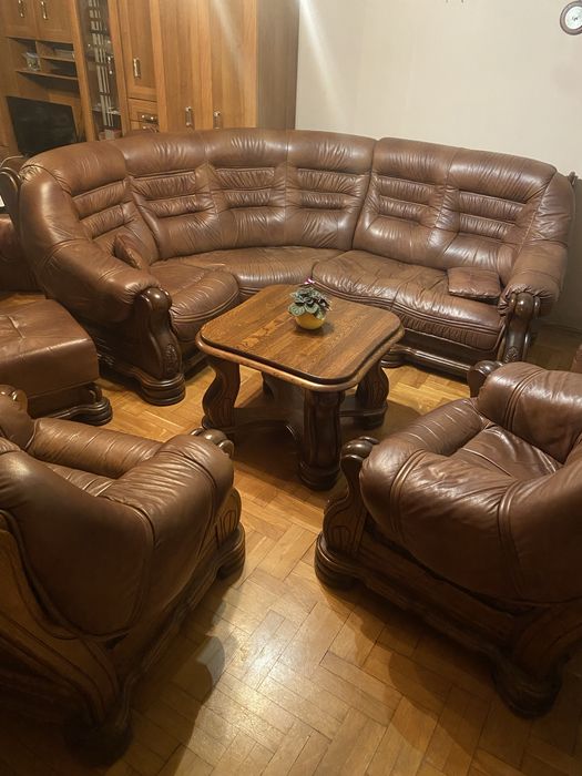 Kler Komplet wypoczynkowy skóra naturalna drewno dębowe zestaw mebli