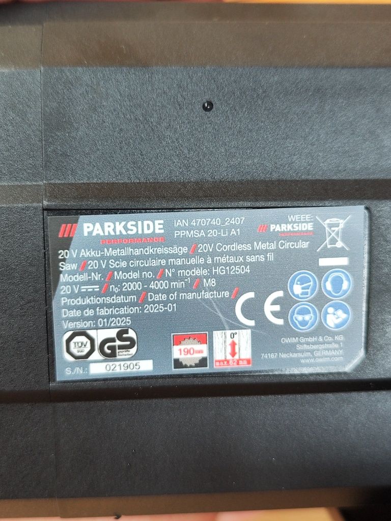 Пила по металу Parkside Performance PPMSA 20-Li A1