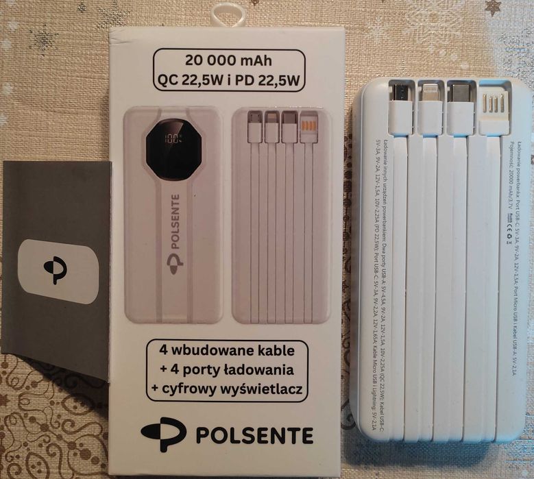 Powerbank 20000 mAh | Szybkie ładowanie | 4 kable + 4 porty | POLSENTE