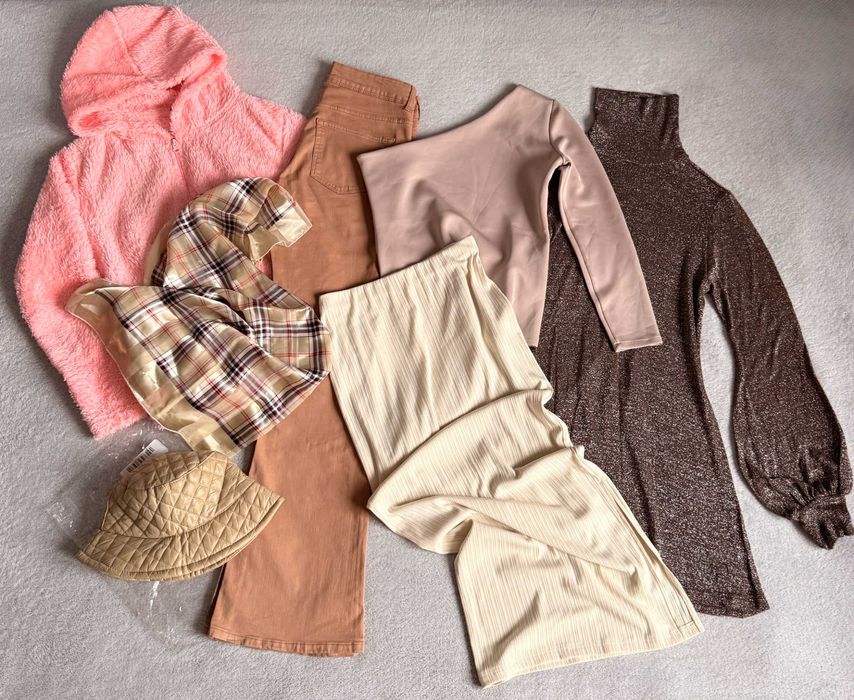 ЛОТ набор одежды S-M, кофта, платье, джинсы, юбка, платок, панамка