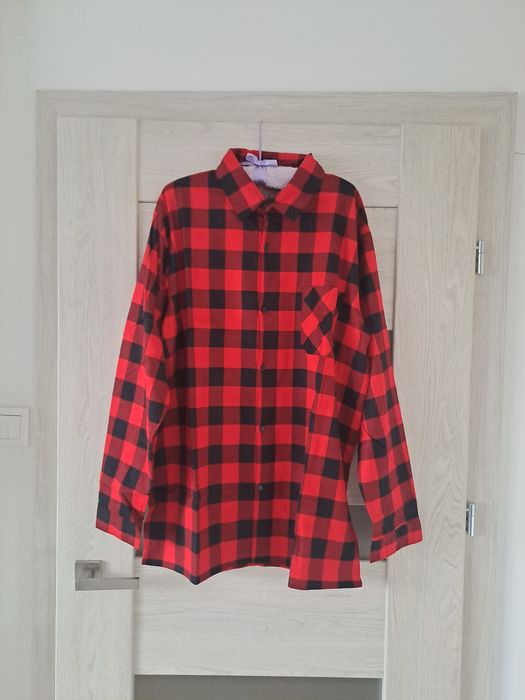 Nowa męska bawełniana koszula w czerwoną kratę L