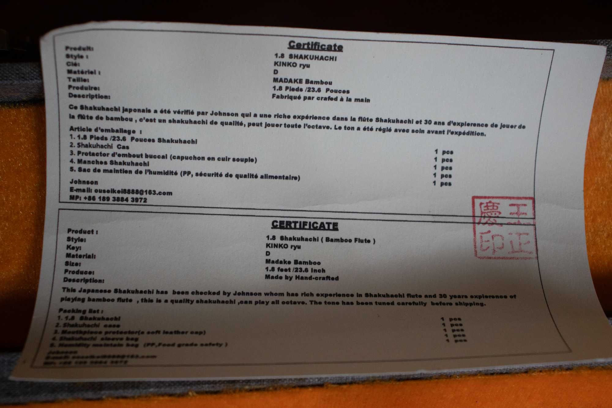 Flauta Japonesa Shakuhachi 1.8, com certificado