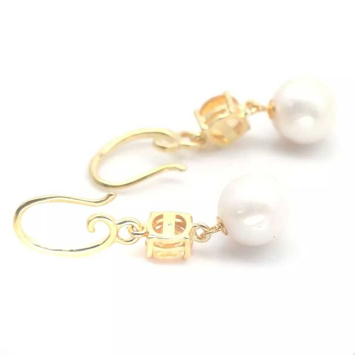 Серьги из белого жемчуга 10мм и цитрина, серебро 925 пробы