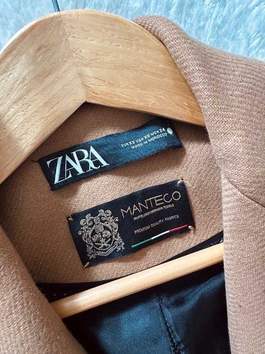 Płaszcz Zara wełna Manteco wełniany brązowy camel rozm XS NOWY
