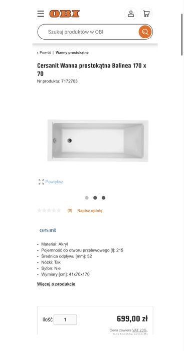 Nowa wanna Cersanit Balinea 170x70