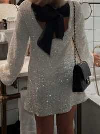 Nowa biala cekinkowa sukienka tunika z kokardą 40 L viral wzór h&m