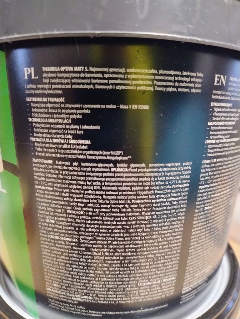 NOWA farba lateksowa Tikkurila Optiva Mat 5 Eco 2,7l baza plamoodporna
