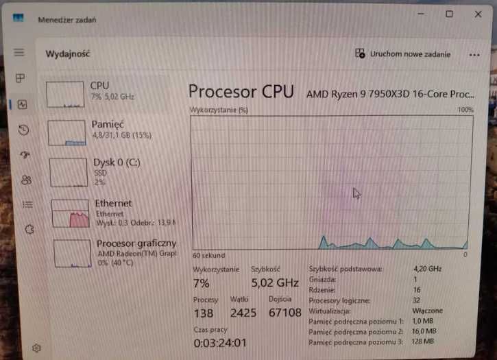 Nowy Pc Komputer Gamingowy Ryzen 9 7950X3D 16x 4.2 GHz 32 GB DDR5