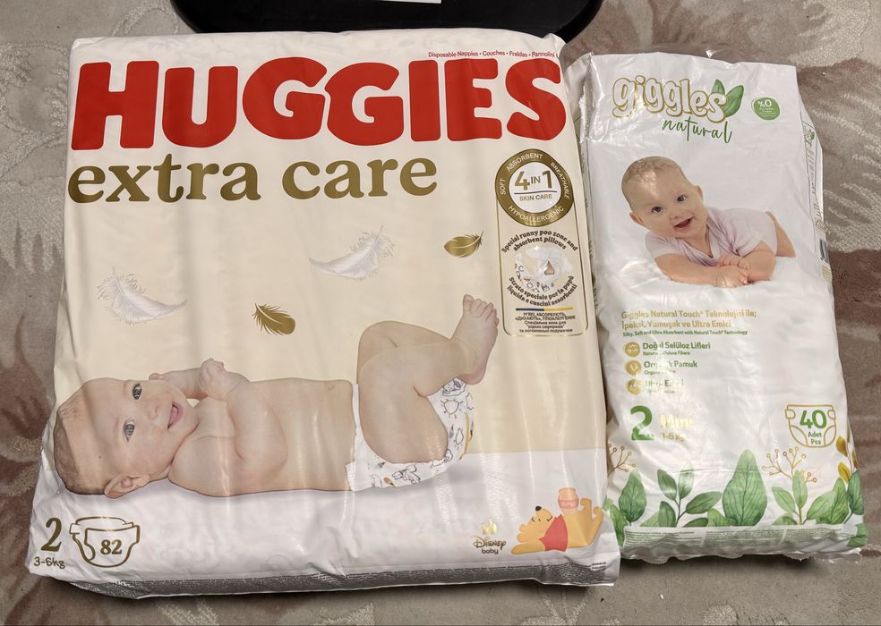 Підгузки Huggies extra care 2 (3-6 кг) 100 шт+ Giggles natural 15шт
