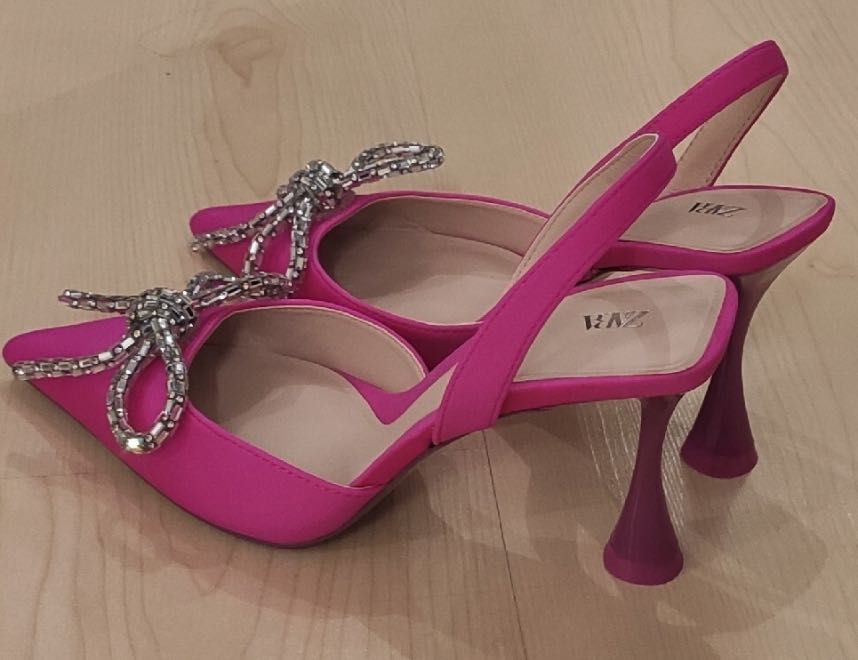 Zara buty na obcasie z błyszczącą kokarda NOWE RÓŻOWE rozmiar 38