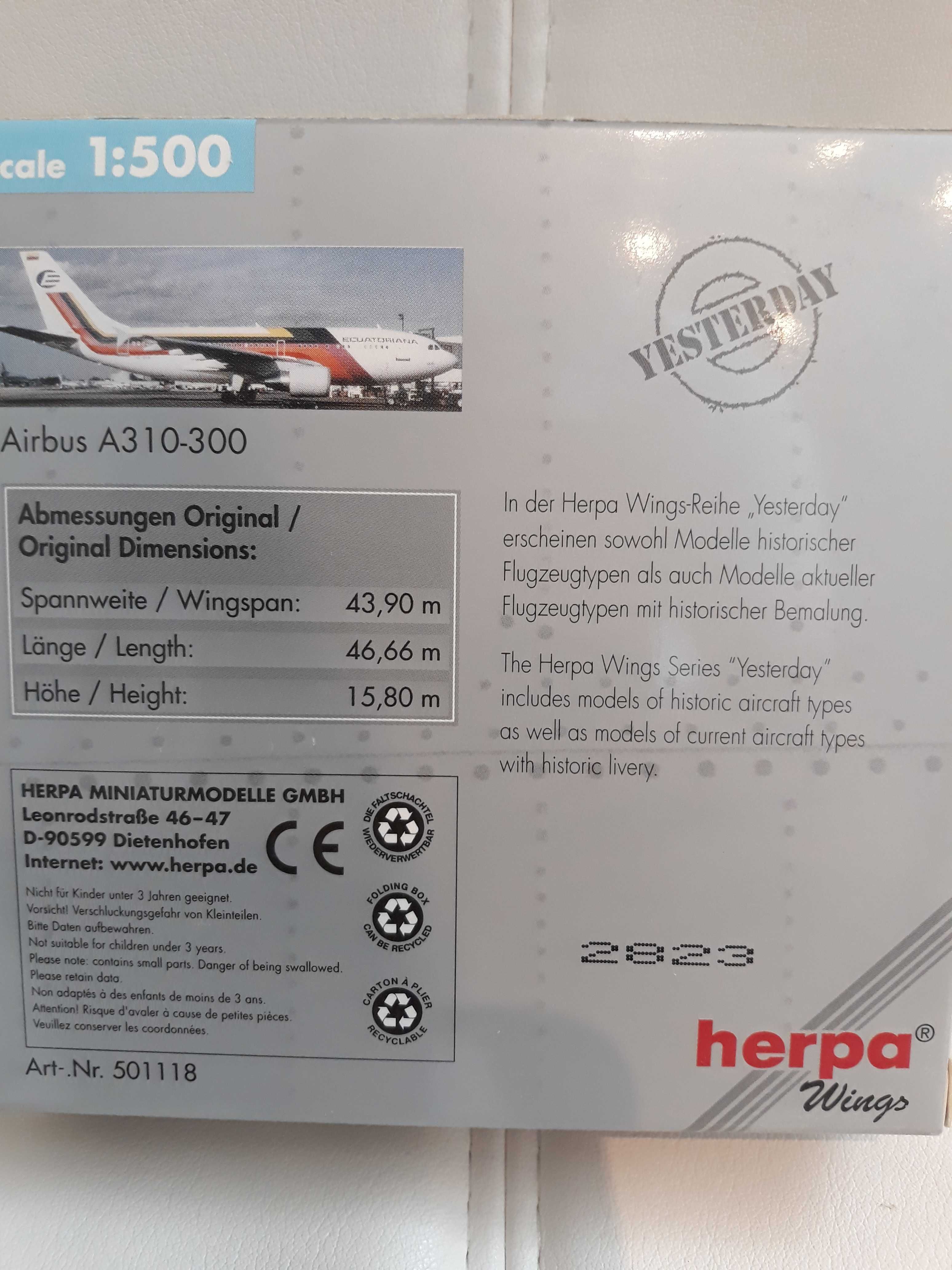 Herpa 1:500 Ecuatoriana Airbus A310-300 nr 501118 limitowana edycja