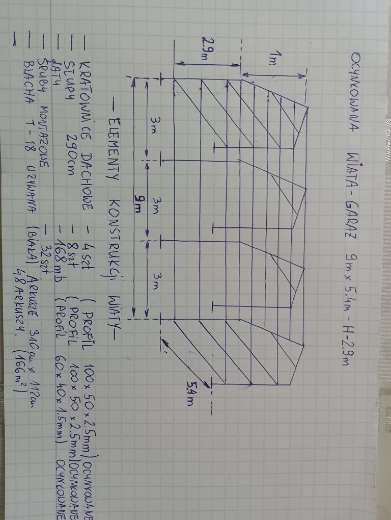 Wiata,garaż ocynkowany wraz z blachą,9mx5.4m-h 2.9m-slupy,,blacha t-18