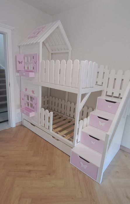 Łóżeczko domek drewniany łóżko piętrowe 80x160