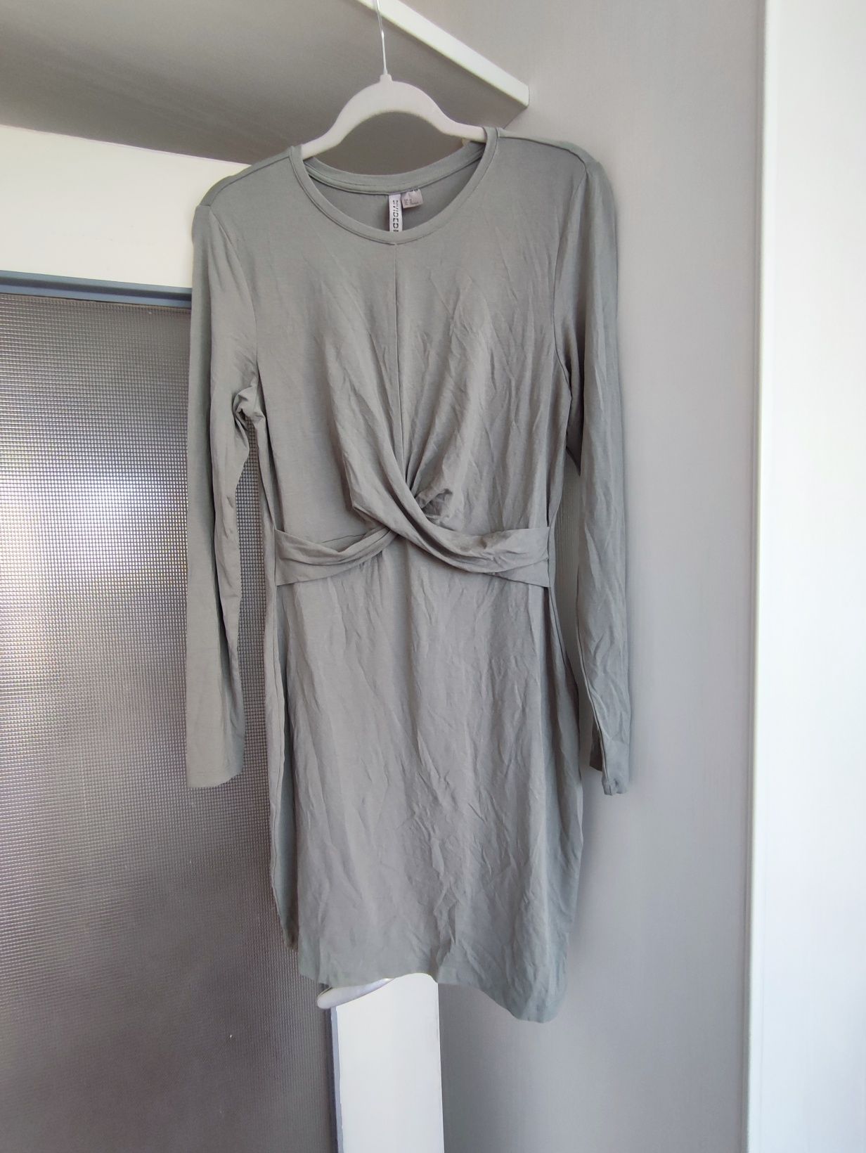 Sukienka khaki z marszczeniem z długim rękawem krótka do uda mini L XL
