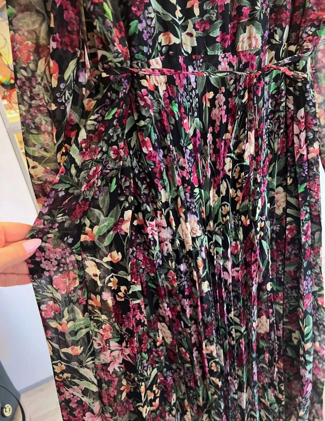 H&M długa kolorowa sukienka plisowana w kwiaty z paskiem M