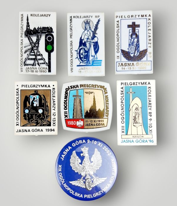 Kolekcja 7 przypinek pielgrzymkowych – Pielgrzymki Kolejarskie