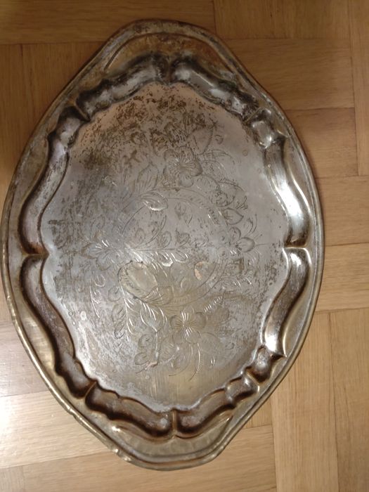 Taca, patera mosiężna platerowana, grawerowany motyw kwiatowy