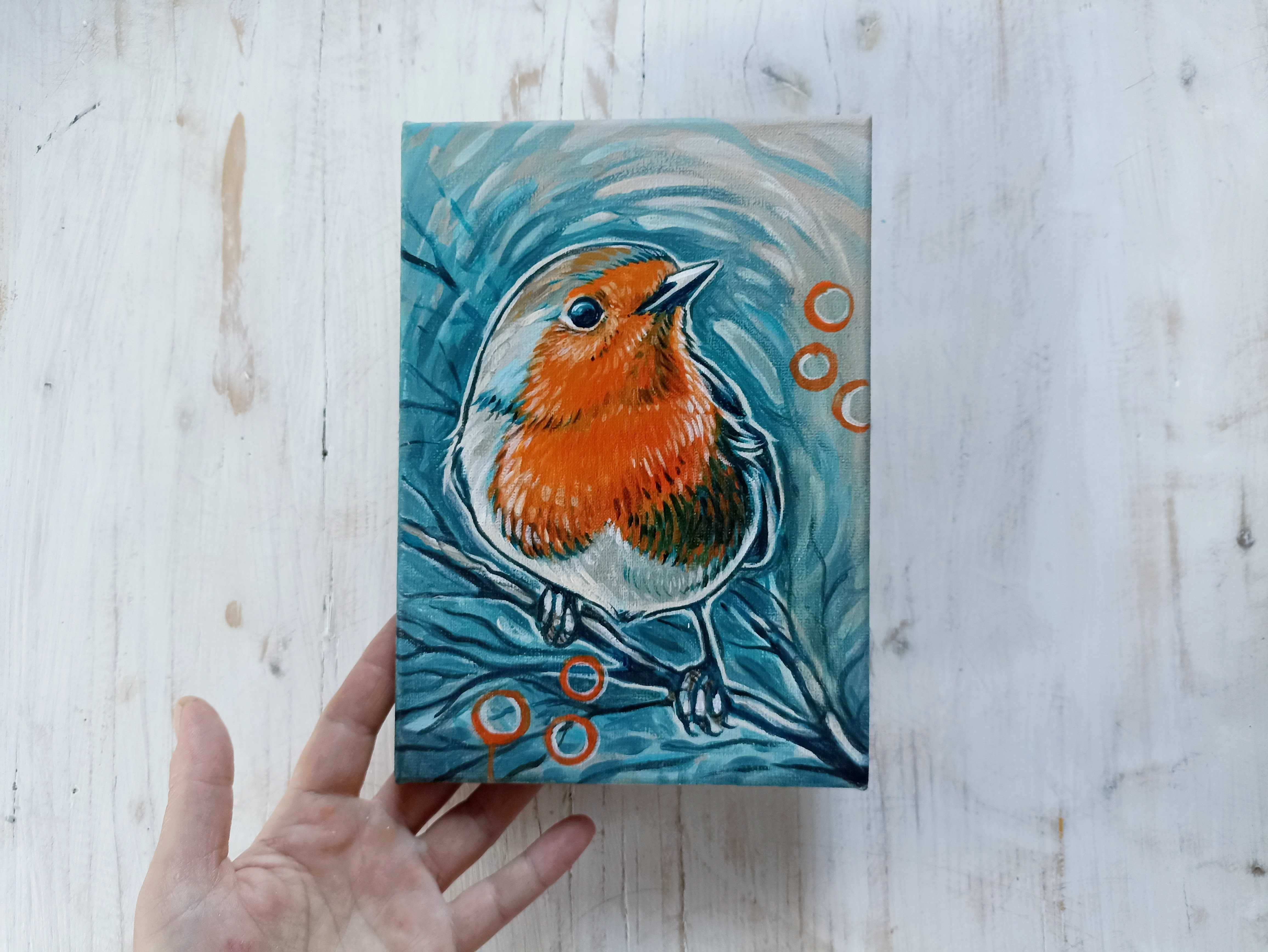 Obraz na płótnie 15x21cm, rudzik, akryl, ręcznie malowany oryginał