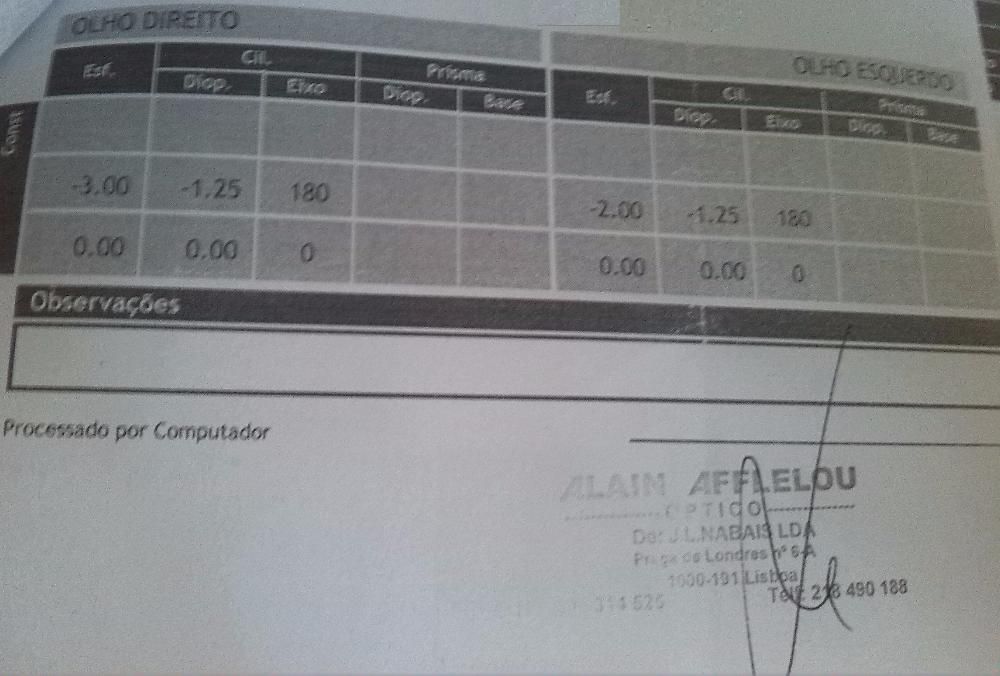 Óculos Graduados (Esq.-2.00/Drt. -3.00) Miopia