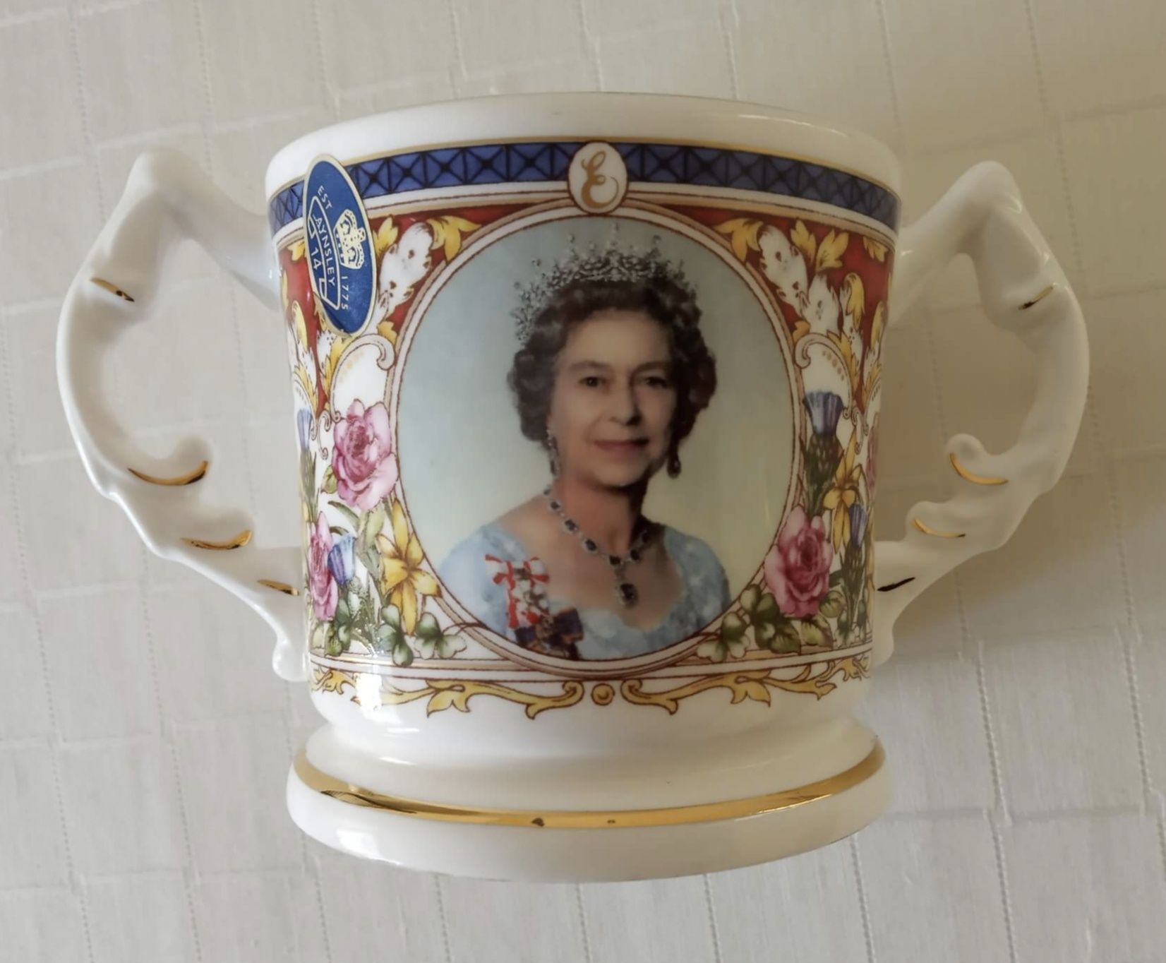 Jubileuszowy Aynsley Królowa Elżbieta Kolekcjonerski Kubek Porcelanowy