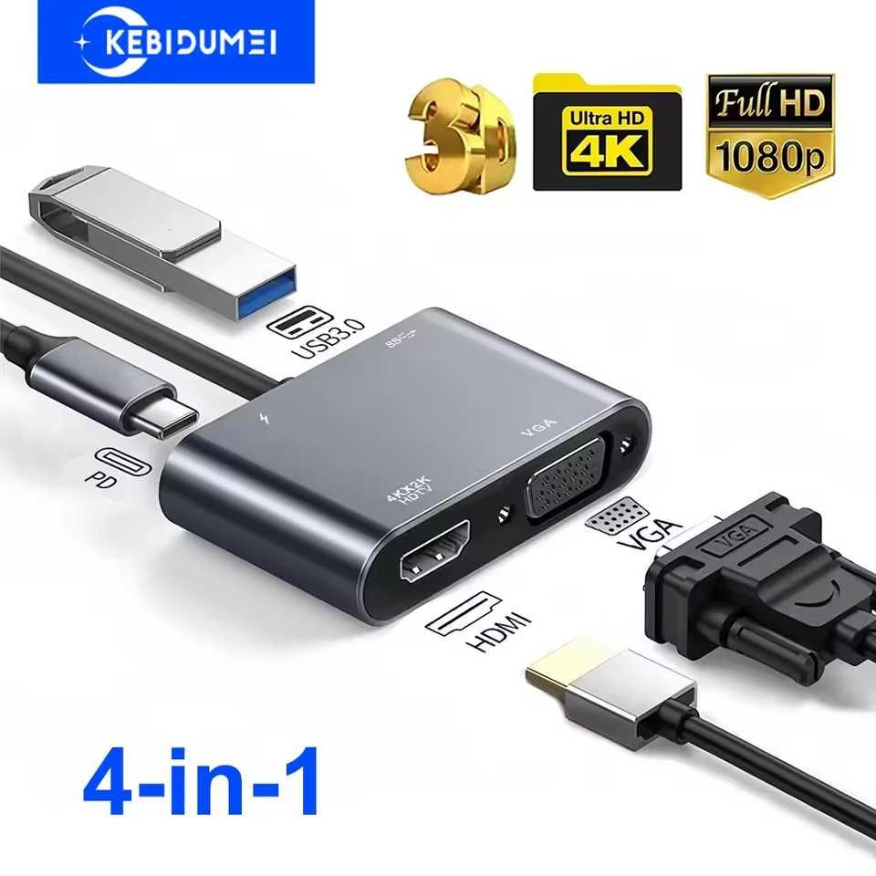 Адаптер Usb type c Hub 4 в 1 HDMI VGA 4K 30Hz хаб hub без коробки
