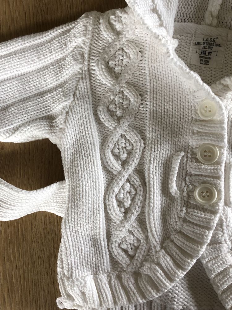 Sweter dziecięcy kardigan 62 H&M hm nowy biały z kapurem