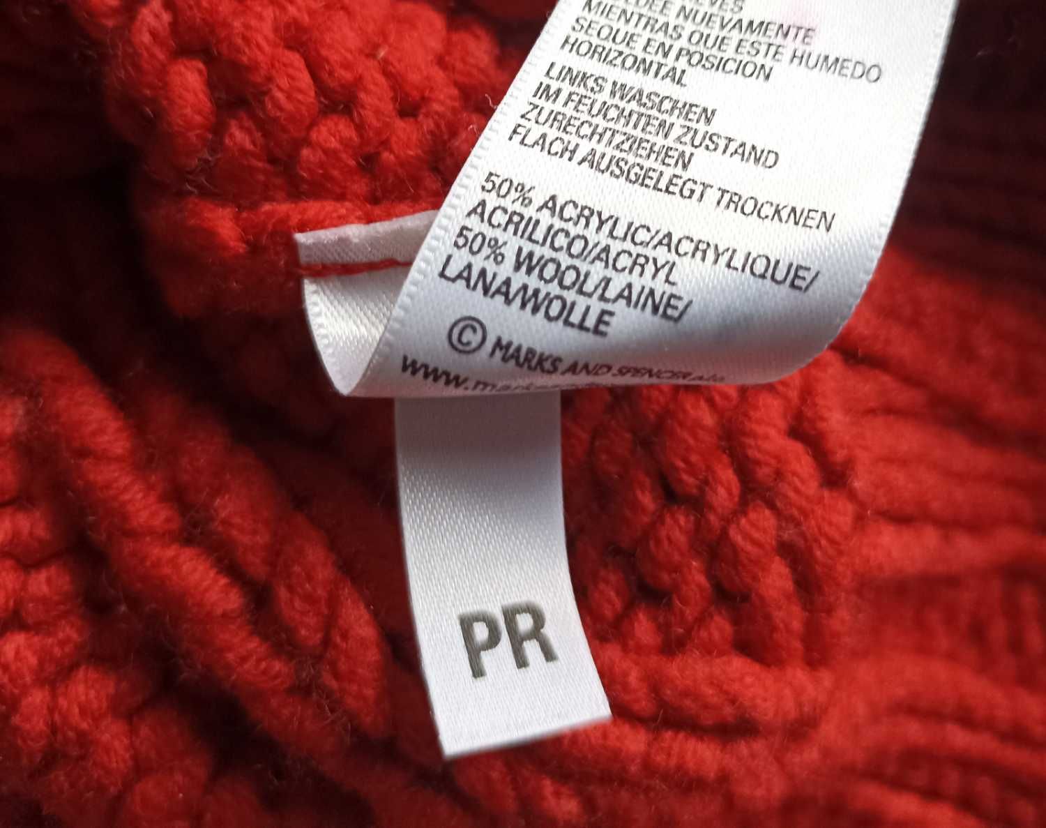 Gruby czerwony sweter półgolf warkocze wełna marks&spencer
