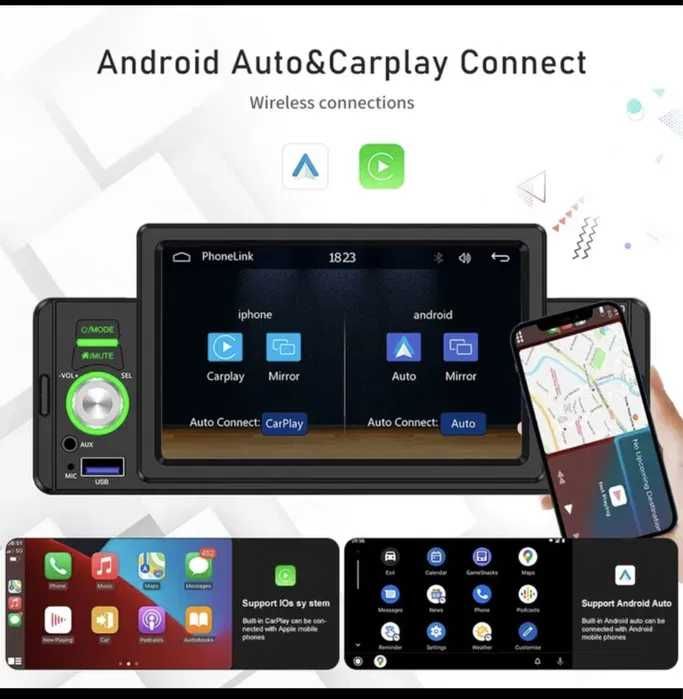 Доступна Ціна! Автомагнітола з безпровідним Carplay та 1DIN роз'ємом