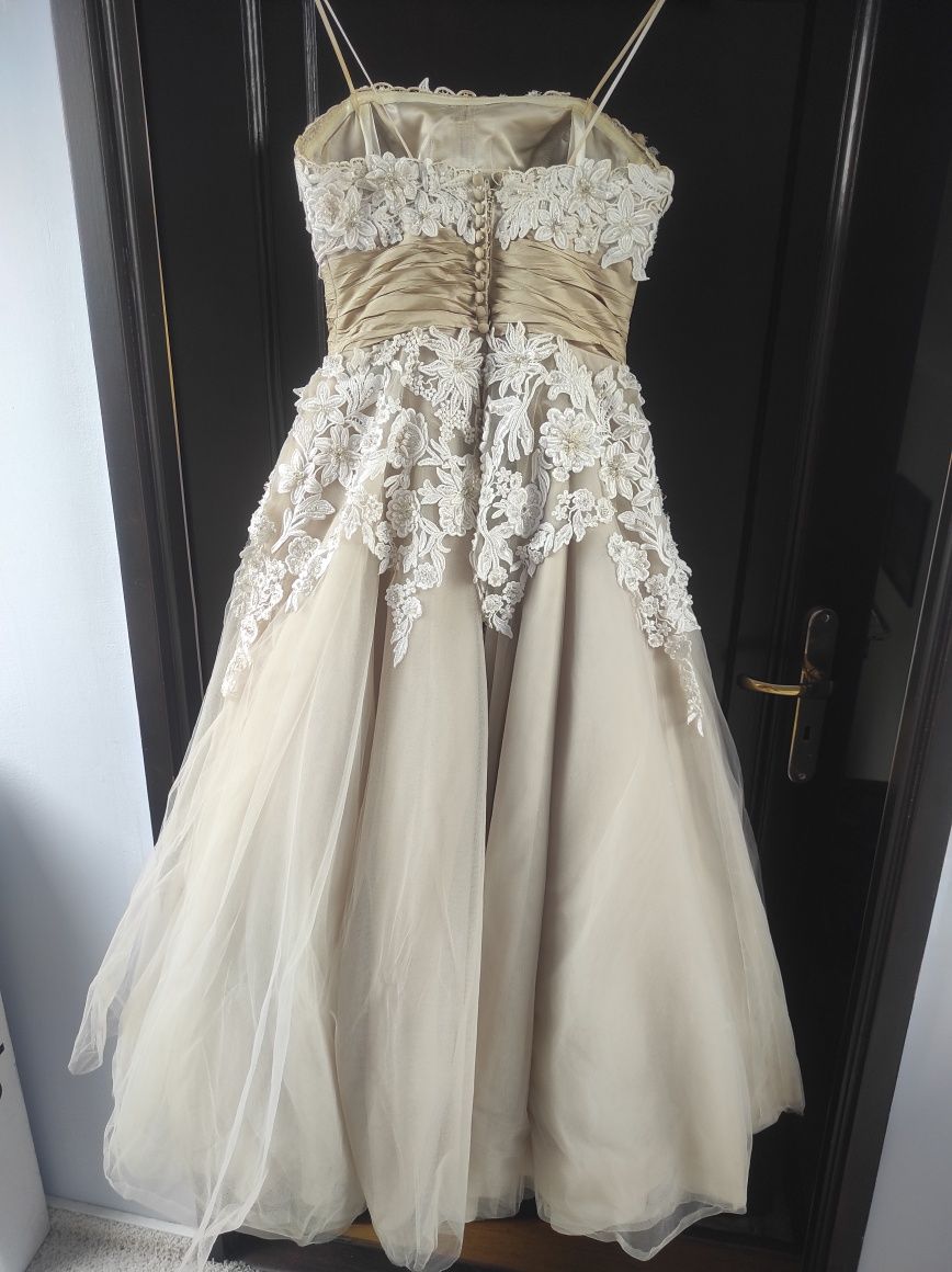 Piękna suknia ślubna na ślub wesele Sukienka długa M/38 coffee/ivory