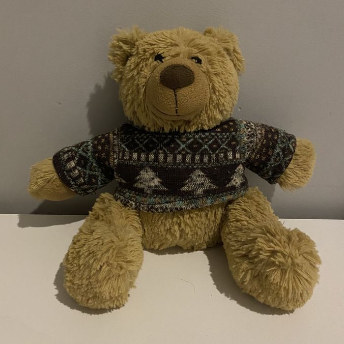 brązowy pluszowy miś ubrany w sweter