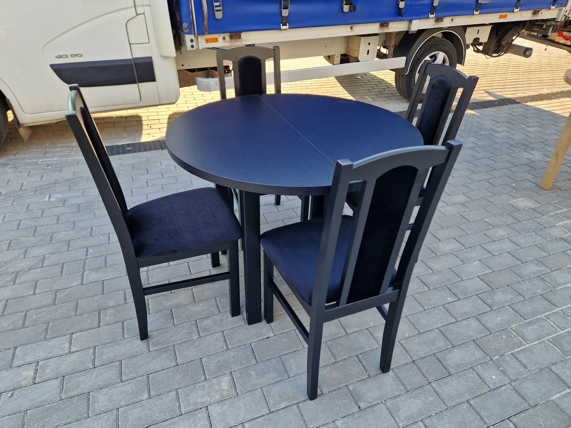 Nowe : Stół okrągły + 4 krzesła,  czarny + czarny , dostawa PL