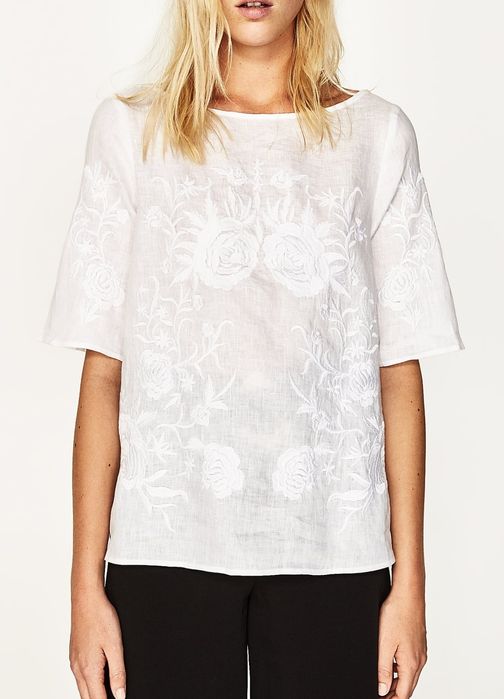 Lniana bluzka z krótkim rękawem haft róże Zara S