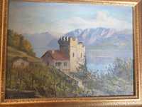 Antiga pintura em óleo sobre cartão - paisagem com castelo