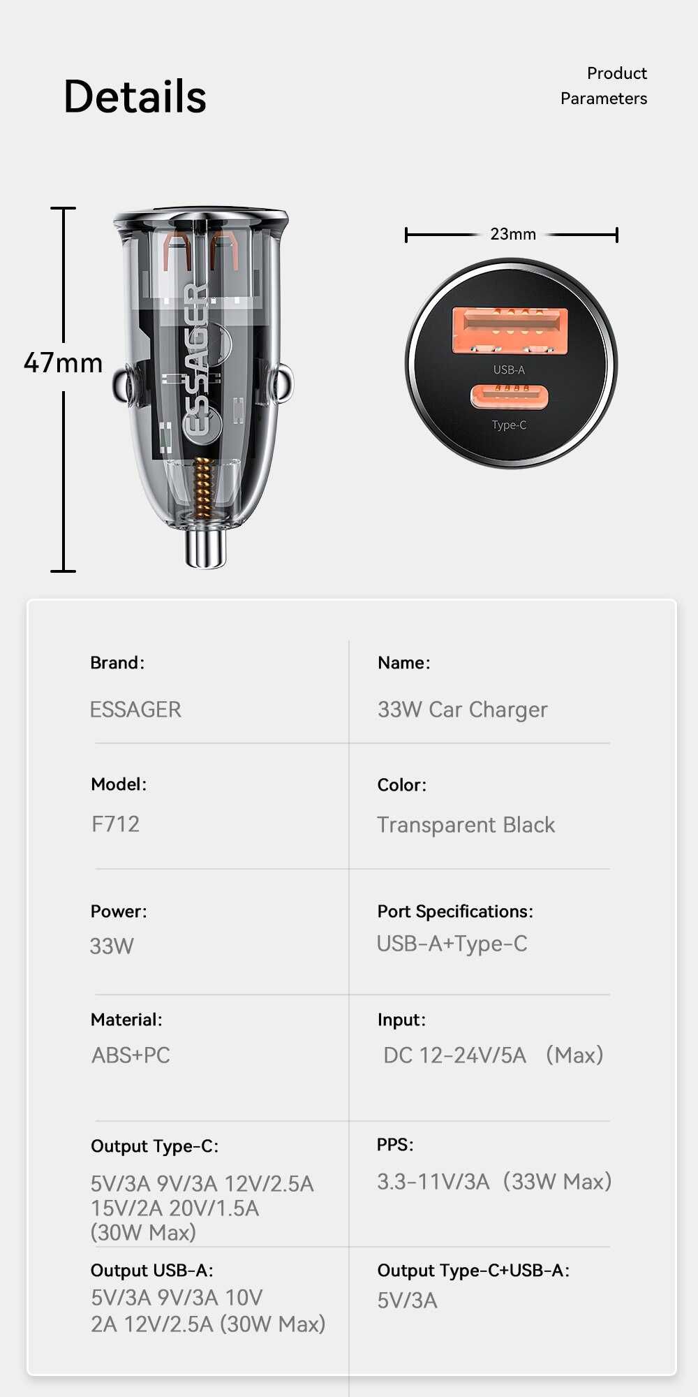 Ładowarka Samochodowa ESSAGER 33W QC4.0 USB - USB Typ-C PD 5A