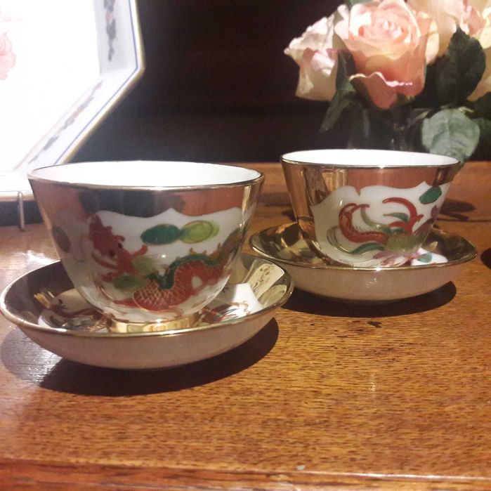 2 Tigelas porcelana chinesa pintura manual "Dragão Vermelho", antigas