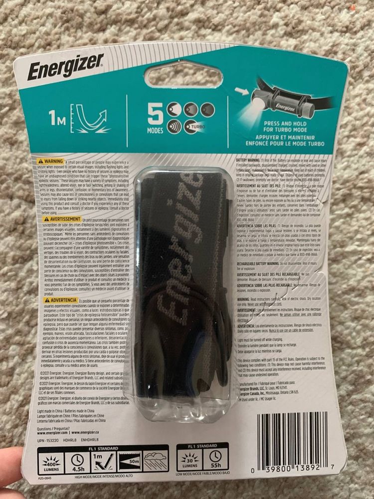 Налобний ліхтар usb 18650 energizer 1000/400 Lumen/люмен