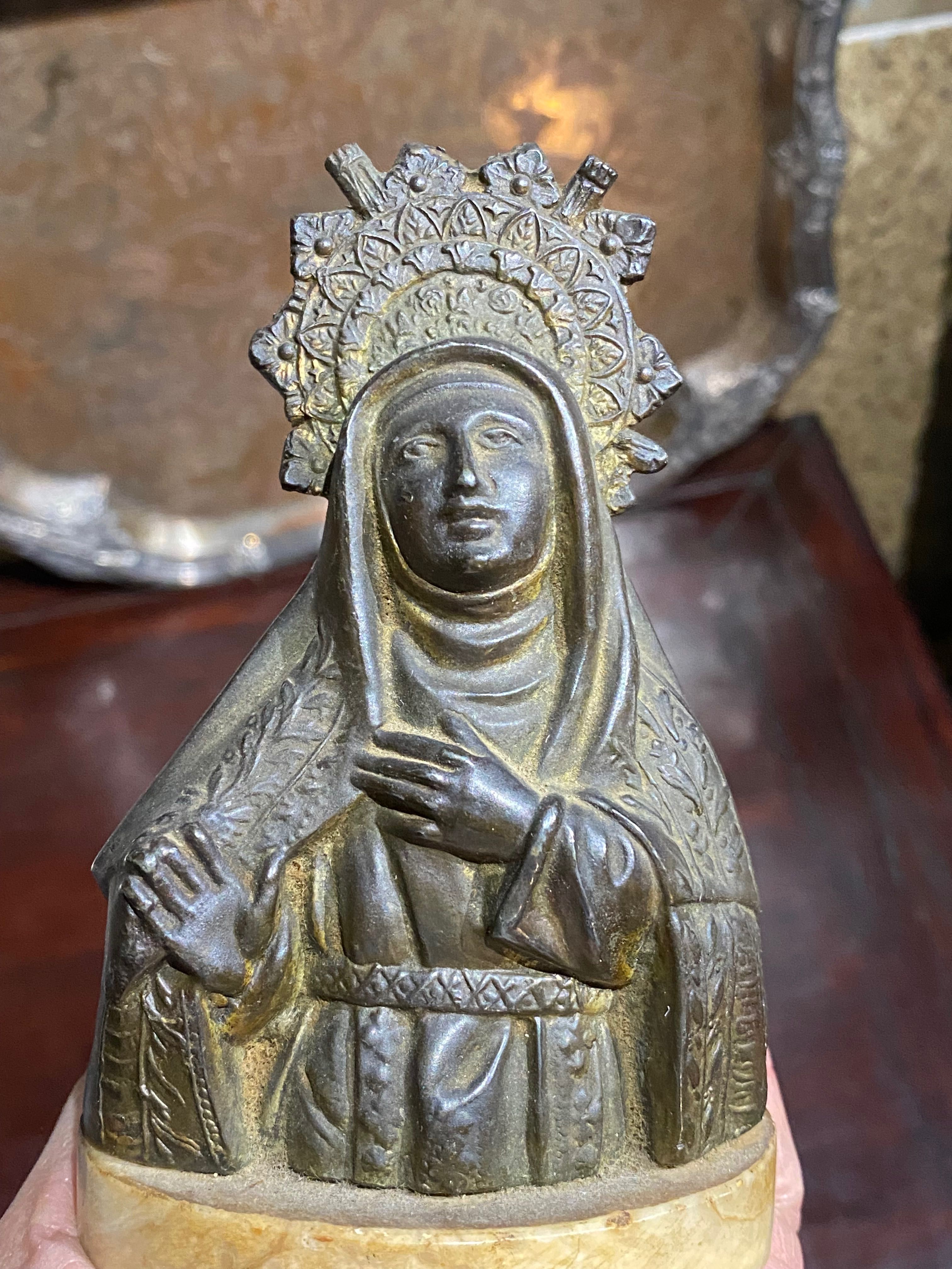 Escultura Nossa Senhora Santa Séc XIX Bronze Itália 13 cm