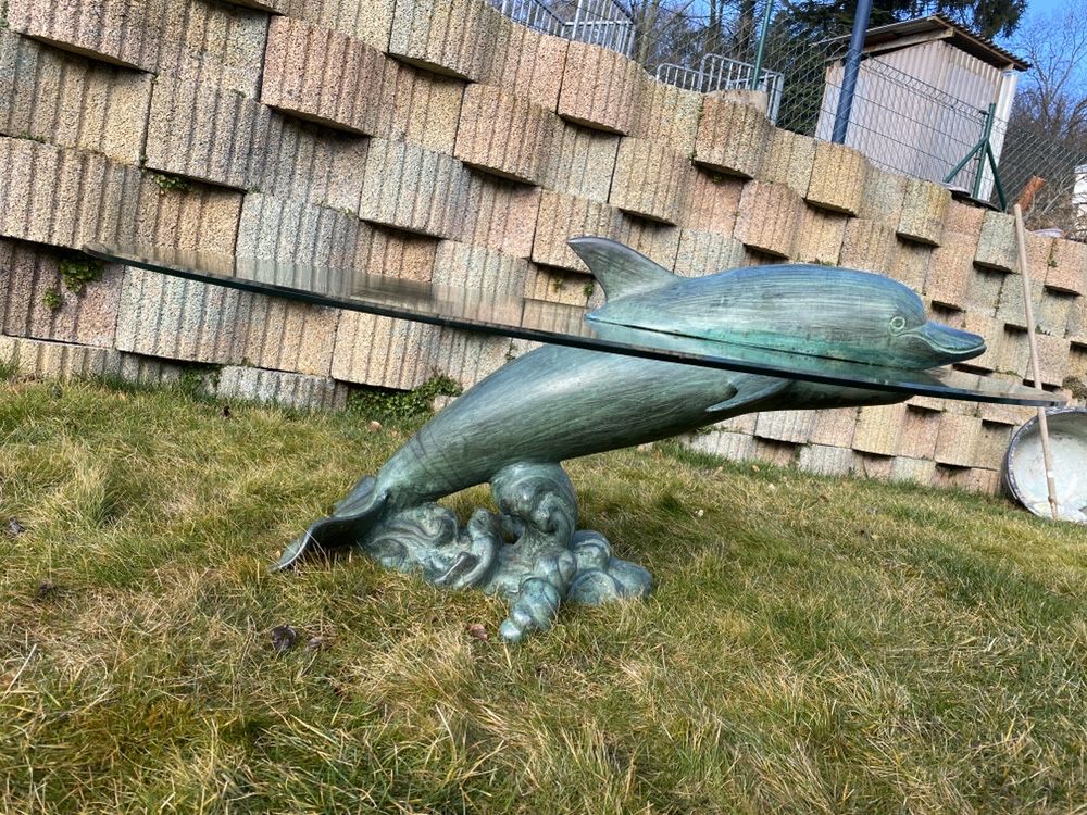 Ogromna Ława Stół z brązu brąz szkło Rzeźba Figura Posąg delfin