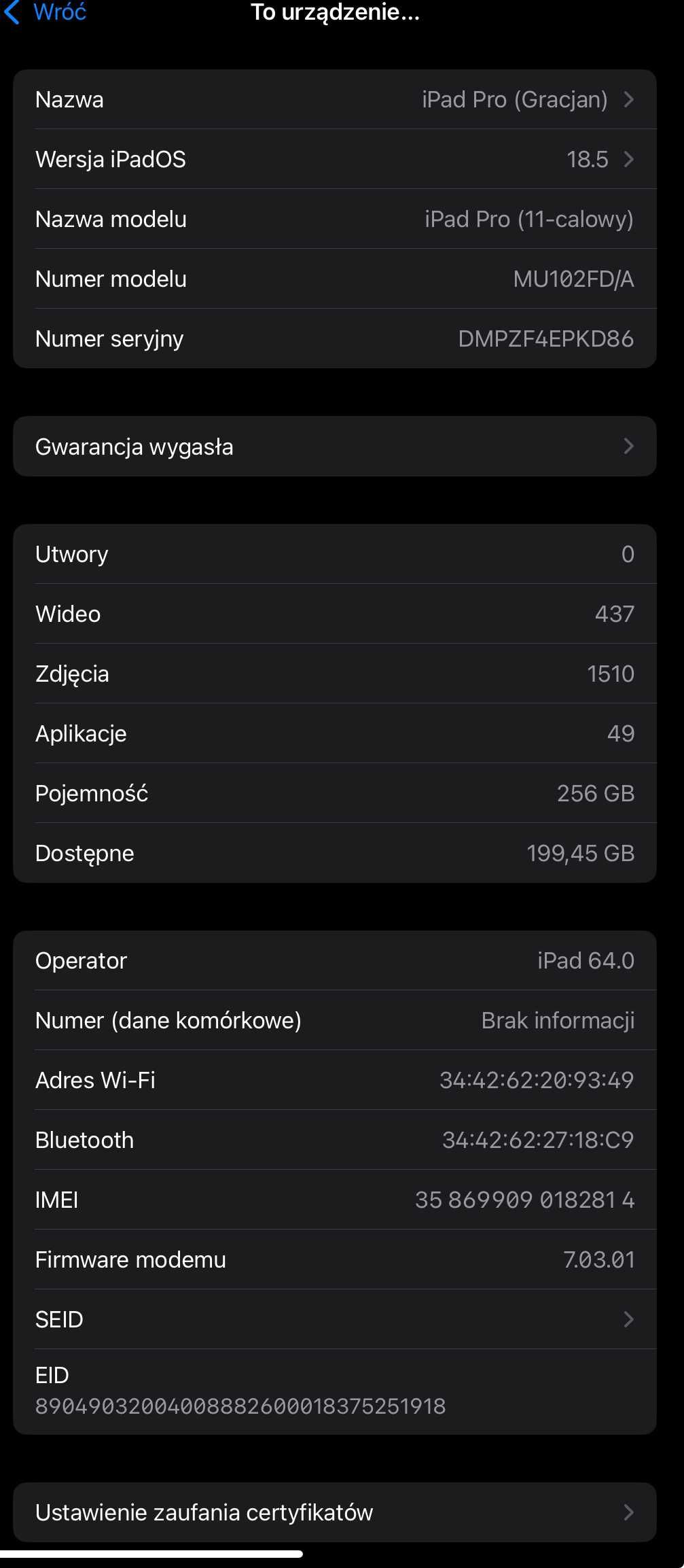Apple iPad Pro 11" 1st gen. 100% Kondycji baterii 256gb Cellular