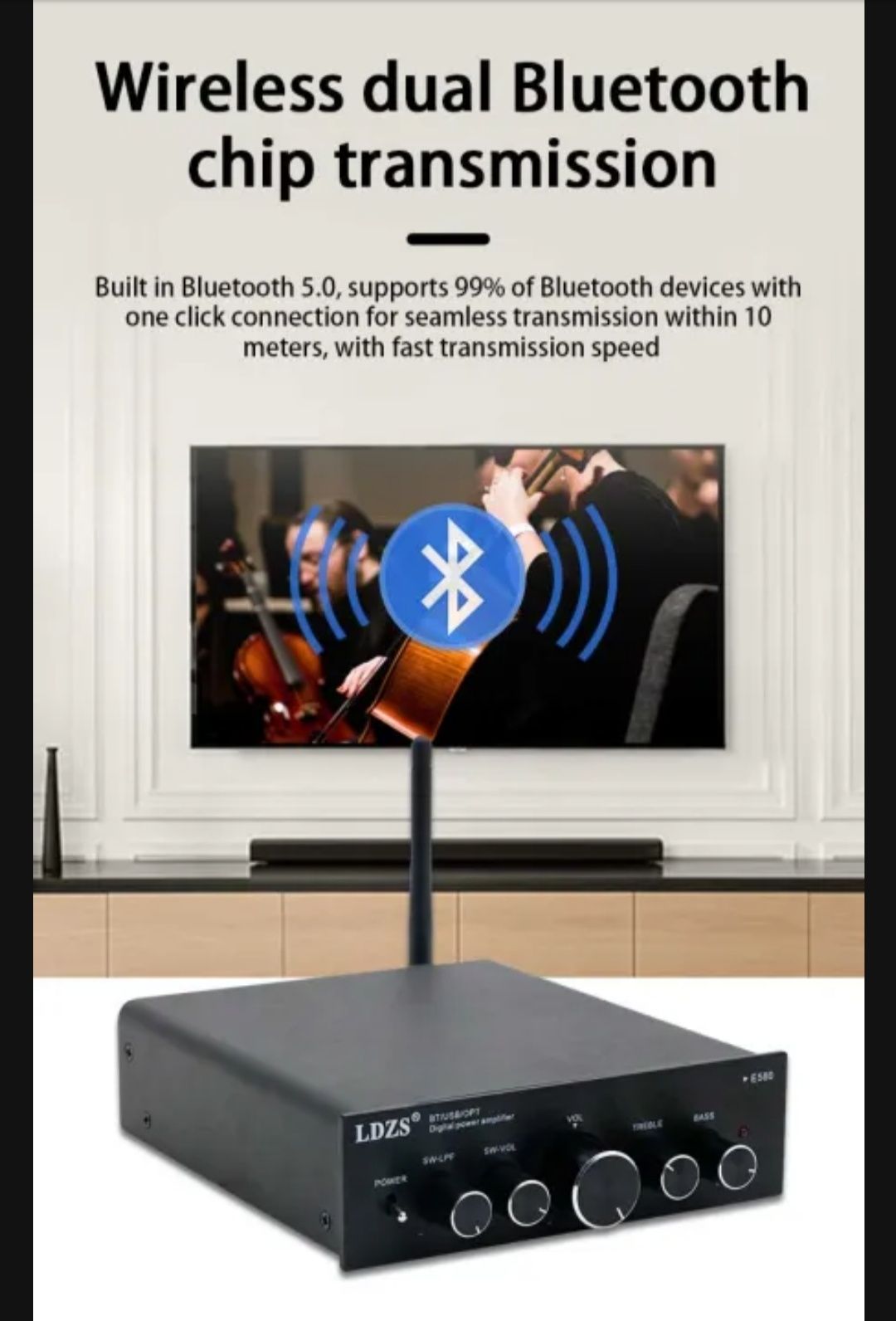 Amplificador LDZS E580 Bluetooth Canais de saida 2.1 com Comando