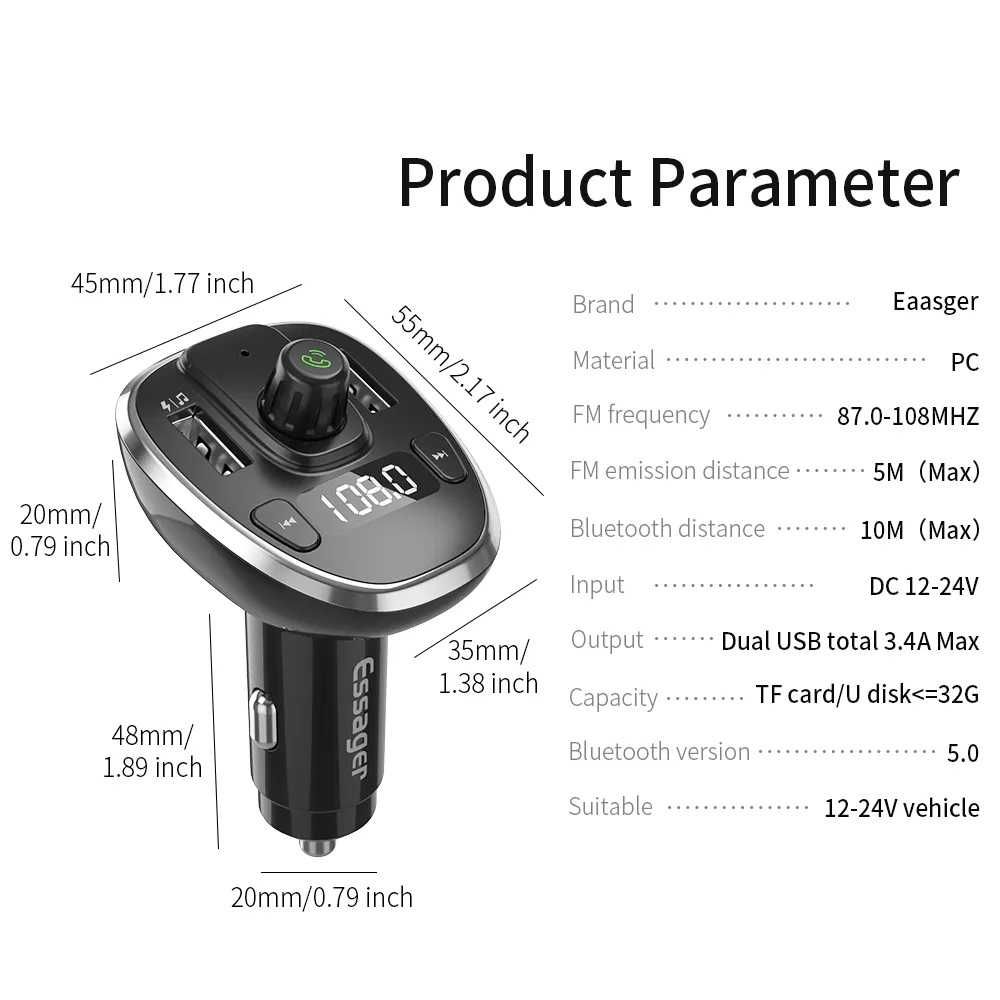 Carregador USB Essager,Transmissor FM,Bluetooth 5.0,Receptor áudio,MP3